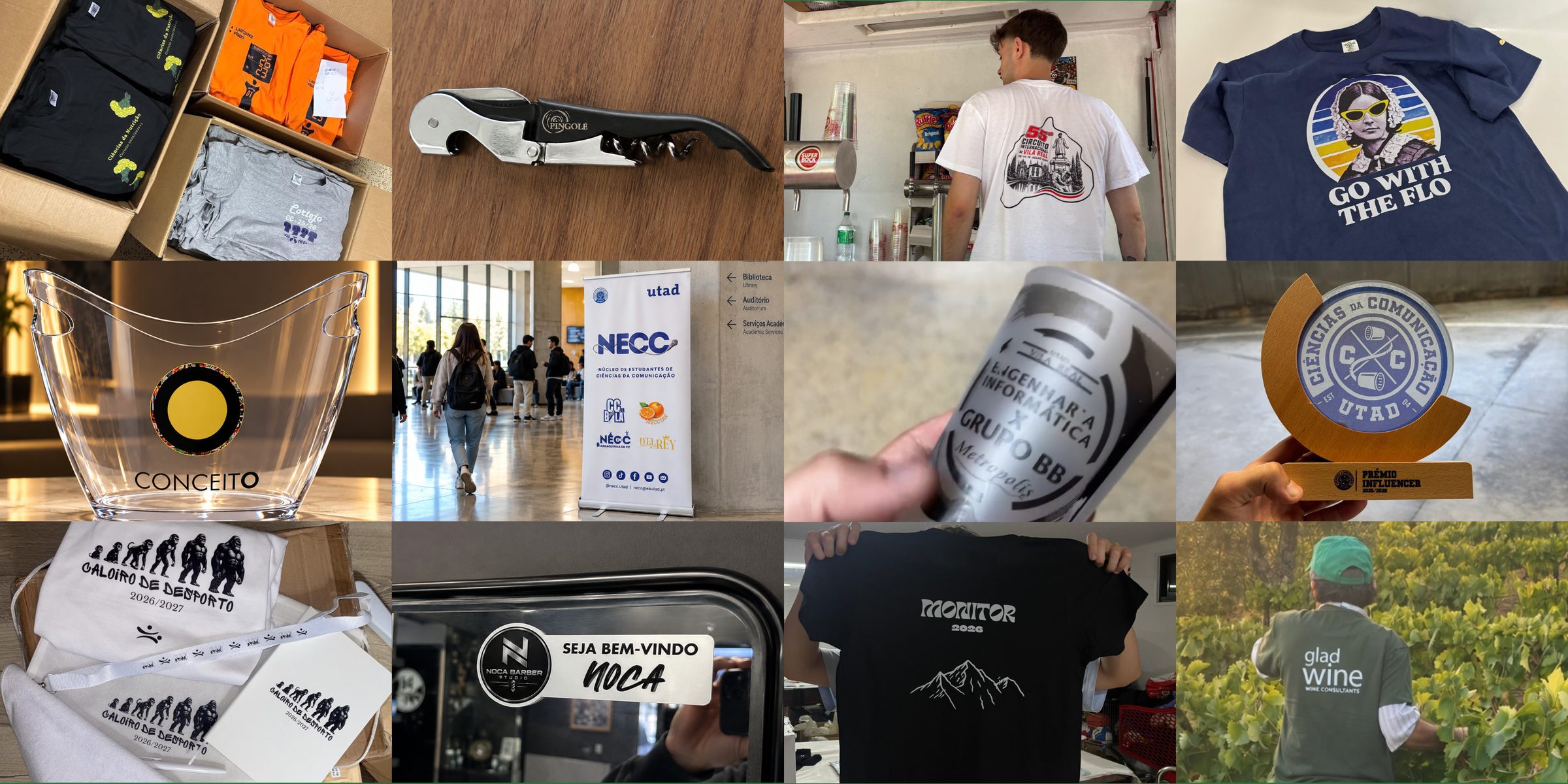 Trabalhos DouroID: t-shirts, saca-rolhas, balde de gelo, roll-up, cartões de visita, troféu, bonés e vinil personalizados